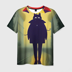 Мужская футболка 3D с принтом Черный кот в осеннем пальто с разноцветным зонтиком на голове , 100% полиэфир | прямой крой, круглый вырез горловины, длина до линии бедер | Тематика изображения на принте: 