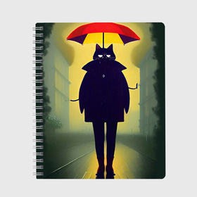 Тетрадь с принтом Черный кот в осеннем пальто с разноцветным зонтиком на голове в Екатеринбурге, 100% бумага | 48 листов, плотность листов — 60 г/м2, плотность картонной обложки — 250 г/м2. Листы скреплены сбоку удобной пружинной спиралью. Уголки страниц и обложки скругленные. Цвет линий — светло-серый
 | 