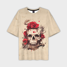 Мужская футболка OVERSIZE 3D с принтом Череп и розы в Екатеринбурге,  |  | 