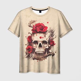 Мужская футболка 3D с принтом Череп и розы в Петрозаводске, 100% полиэфир | прямой крой, круглый вырез горловины, длина до линии бедер | Тематика изображения на принте: 