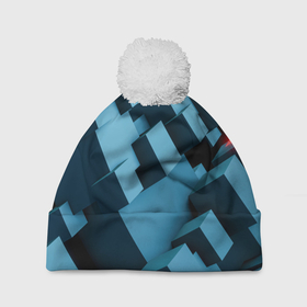 Шапка 3D c помпоном с принтом Броня из синих кубов в Тюмени, 100% полиэстер | универсальный размер, печать по всей поверхности изделия | 