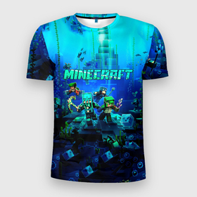Мужская футболка 3D Slim с принтом Minecraft water в Санкт-Петербурге, 100% полиэстер с улучшенными характеристиками | приталенный силуэт, круглая горловина, широкие плечи, сужается к линии бедра | 