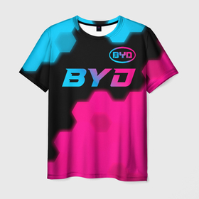 Мужская футболка 3D с принтом BYD   neon gradient: символ сверху в Екатеринбурге, 100% полиэфир | прямой крой, круглый вырез горловины, длина до линии бедер | 