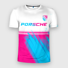 Мужская футболка 3D Slim с принтом Porsche neon gradient style: символ сверху , 100% полиэстер с улучшенными характеристиками | приталенный силуэт, круглая горловина, широкие плечи, сужается к линии бедра | 