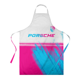 Фартук 3D с принтом Porsche neon gradient style: символ сверху , 100% полиэстер | общий размер — 65 х 85 см, ширина нагрудника — 26 см, горловина — 53 см, длина завязок — 54 см, общий обхват в поясе — 173 см. Принт на завязках и на горловине наносится с двух сторон, на основной части фартука — только с внешней стороны | Тематика изображения на принте: 