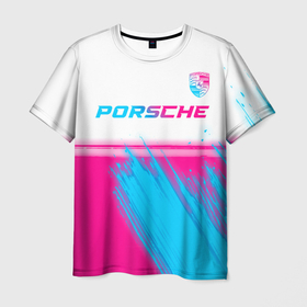 Мужская футболка 3D с принтом Porsche neon gradient style: символ сверху в Петрозаводске, 100% полиэфир | прямой крой, круглый вырез горловины, длина до линии бедер | 