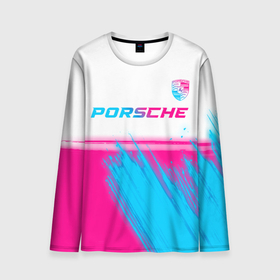 Мужской лонгслив 3D с принтом Porsche neon gradient style: символ сверху в Тюмени, 100% полиэстер | длинные рукава, круглый вырез горловины, полуприлегающий силуэт | Тематика изображения на принте: 