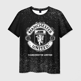 Мужская футболка 3D с принтом Manchester United с потертостями на темном фоне в городе Новоалтайск, 100% полиэфир | прямой крой, круглый вырез горловины, длина до линии бедер | 