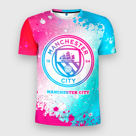 Мужская футболка 3D Slim с принтом Manchester City neon gradient style в Петрозаводске, 100% полиэстер с улучшенными характеристиками | приталенный силуэт, круглая горловина, широкие плечи, сужается к линии бедра | Тематика изображения на принте: 