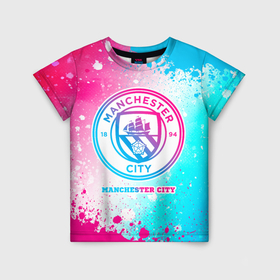 Детская футболка 3D с принтом Manchester City neon gradient style в Белгороде, 100% гипоаллергенный полиэфир | прямой крой, круглый вырез горловины, длина до линии бедер, чуть спущенное плечо, ткань немного тянется | 