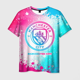 Мужская футболка 3D с принтом Manchester City neon gradient style в Тюмени, 100% полиэфир | прямой крой, круглый вырез горловины, длина до линии бедер | Тематика изображения на принте: 