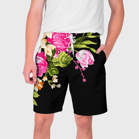 Мужские шорты 3D с принтом Букет цветов в Кировске,  полиэстер 100% | прямой крой, два кармана без застежек по бокам. Мягкая трикотажная резинка на поясе, внутри которой широкие завязки. Длина чуть выше колен | 