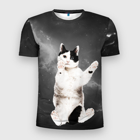 Мужская футболка 3D Slim с принтом Взгляд снизу кот на фоне звезд в Тюмени, 100% полиэстер с улучшенными характеристиками | приталенный силуэт, круглая горловина, широкие плечи, сужается к линии бедра | 