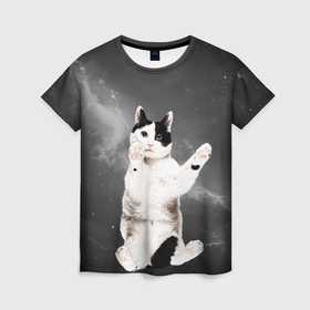 Женская футболка 3D с принтом Взгляд снизу кот на фоне звезд в Санкт-Петербурге, 100% полиэфир ( синтетическое хлопкоподобное полотно) | прямой крой, круглый вырез горловины, длина до линии бедер | 