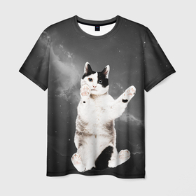 Мужская футболка 3D с принтом Взгляд снизу кот на фоне звезд , 100% полиэфир | прямой крой, круглый вырез горловины, длина до линии бедер | 