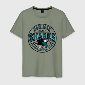Мужская футболка хлопок с принтом San Jose Sharks в Кировске, 100% хлопок | прямой крой, круглый вырез горловины, длина до линии бедер, слегка спущенное плечо. | 