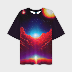 Мужская футболка OVERSIZE 3D с принтом Красные облака туманности в космическом пространстве, ретро футуризм в Екатеринбурге,  |  | Тематика изображения на принте: 