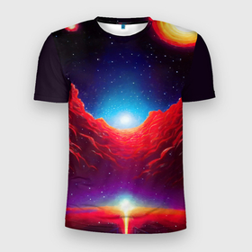 Мужская футболка 3D Slim с принтом Красные облака туманности в космическом пространстве, ретро футуризм в Новосибирске, 100% полиэстер с улучшенными характеристиками | приталенный силуэт, круглая горловина, широкие плечи, сужается к линии бедра | 