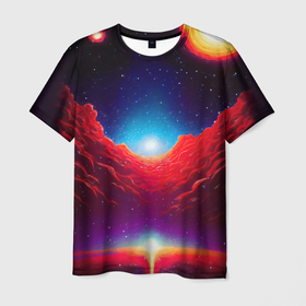 Мужская футболка 3D с принтом Красные облака туманности в космическом пространстве, ретро футуризм в Новосибирске, 100% полиэфир | прямой крой, круглый вырез горловины, длина до линии бедер | Тематика изображения на принте: 