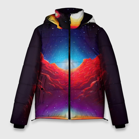 Мужская зимняя куртка 3D с принтом Красные облака туманности в космическом пространстве, ретро футуризм в Екатеринбурге, верх — 100% полиэстер; подкладка — 100% полиэстер; утеплитель — 100% полиэстер | длина ниже бедра, свободный силуэт Оверсайз. Есть воротник-стойка, отстегивающийся капюшон и ветрозащитная планка. 

Боковые карманы с листочкой на кнопках и внутренний карман на молнии. | 