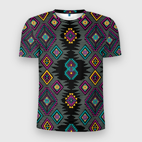 Мужская футболка 3D Slim с принтом Орнамент ацтеков   текстура в Тюмени, 100% полиэстер с улучшенными характеристиками | приталенный силуэт, круглая горловина, широкие плечи, сужается к линии бедра | 