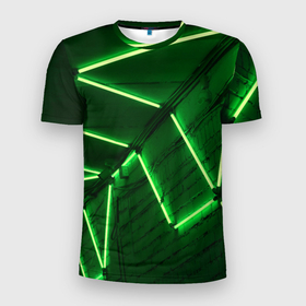 Мужская футболка 3D Slim с принтом Зелёные неоновые фонари на абстрактной стене в Кировске, 100% полиэстер с улучшенными характеристиками | приталенный силуэт, круглая горловина, широкие плечи, сужается к линии бедра | 