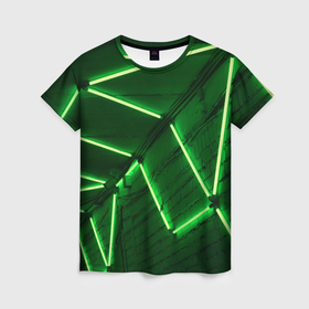 Женская футболка 3D с принтом Зелёные неоновые фонари на абстрактной стене в Кировске, 100% полиэфир ( синтетическое хлопкоподобное полотно) | прямой крой, круглый вырез горловины, длина до линии бедер | 