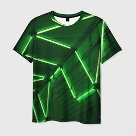 Мужская футболка 3D с принтом Зелёные неоновые фонари на абстрактной стене в Кировске, 100% полиэфир | прямой крой, круглый вырез горловины, длина до линии бедер | 