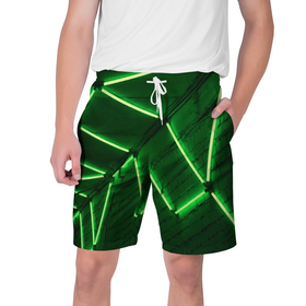 Мужские шорты 3D с принтом Зелёные неоновые фонари на абстрактной стене в Кировске,  полиэстер 100% | прямой крой, два кармана без застежек по бокам. Мягкая трикотажная резинка на поясе, внутри которой широкие завязки. Длина чуть выше колен | 