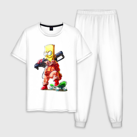 Мужская пижама хлопок с принтом Крутой Барт Симпсон  с оружием на плече и скейтбордом в Белгороде, 100% хлопок | брюки и футболка прямого кроя, без карманов, на брюках мягкая резинка на поясе и по низу штанин
 | 