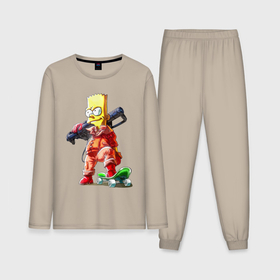 Мужская пижама хлопок (с лонгсливом) с принтом Крутой Барт Симпсон  с оружием на плече и скейтбордом в Кировске,  |  | 
