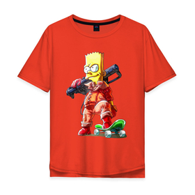 Мужская футболка хлопок Oversize с принтом Крутой Барт Симпсон  с оружием на плече и скейтбордом в Белгороде, 100% хлопок | свободный крой, круглый ворот, “спинка” длиннее передней части | 