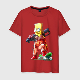 Мужская футболка хлопок с принтом Крутой Барт Симпсон  с оружием на плече и скейтбордом , 100% хлопок | прямой крой, круглый вырез горловины, длина до линии бедер, слегка спущенное плечо. | 