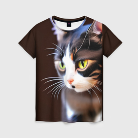 Женская футболка 3D с принтом Нарисованный кот в Санкт-Петербурге, 100% полиэфир ( синтетическое хлопкоподобное полотно) | прямой крой, круглый вырез горловины, длина до линии бедер | 