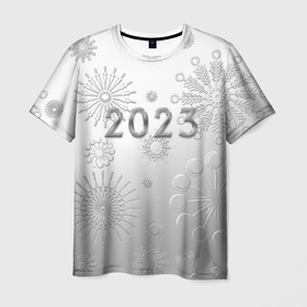 Мужская футболка 3D с принтом Новый год 2023 в снежинках в Курске, 100% полиэфир | прямой крой, круглый вырез горловины, длина до линии бедер | 