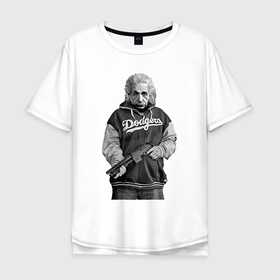 Мужская футболка хлопок Oversize с принтом Альберт Эйнштейн   крутой чувак с ружьём в Екатеринбурге, 100% хлопок | свободный крой, круглый ворот, “спинка” длиннее передней части | 