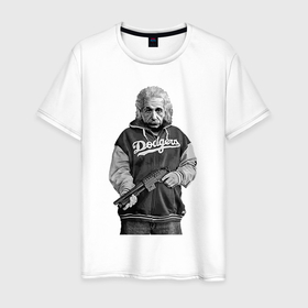Мужская футболка хлопок с принтом Альберт Эйнштейн   крутой чувак с ружьём , 100% хлопок | прямой крой, круглый вырез горловины, длина до линии бедер, слегка спущенное плечо. | Тематика изображения на принте: 