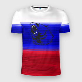Мужская футболка 3D Slim с принтом Флаг России с медведем в Белгороде, 100% полиэстер с улучшенными характеристиками | приталенный силуэт, круглая горловина, широкие плечи, сужается к линии бедра | 