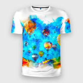 Мужская футболка 3D Slim с принтом Воздушные шары на фоне голубого неба рисунок в Белгороде, 100% полиэстер с улучшенными характеристиками | приталенный силуэт, круглая горловина, широкие плечи, сужается к линии бедра | Тематика изображения на принте: 