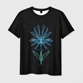 Мужская футболка 3D с принтом Неоновый цветок на черном фоне в Кировске, 100% полиэфир | прямой крой, круглый вырез горловины, длина до линии бедер | 