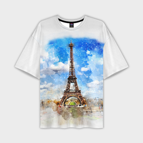 Мужская футболка OVERSIZE 3D с принтом Париж Эйфелева башня рисунок в Новосибирске,  |  | 