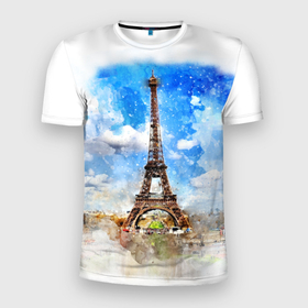 Мужская футболка 3D Slim с принтом Париж Эйфелева башня рисунок , 100% полиэстер с улучшенными характеристиками | приталенный силуэт, круглая горловина, широкие плечи, сужается к линии бедра | Тематика изображения на принте: 