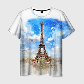 Мужская футболка 3D с принтом Париж Эйфелева башня рисунок , 100% полиэфир | прямой крой, круглый вырез горловины, длина до линии бедер | Тематика изображения на принте: 