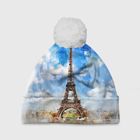 Шапка 3D c помпоном с принтом Париж Эйфелева башня рисунок в Белгороде, 100% полиэстер | универсальный размер, печать по всей поверхности изделия | 