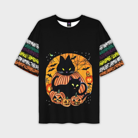 Мужская футболка OVERSIZE 3D с принтом Хэллоуинские котики кошмарики в Курске,  |  | 