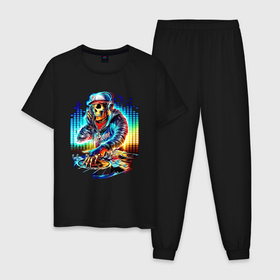 Мужская пижама хлопок с принтом Cool DJ   skull в Кировске, 100% хлопок | брюки и футболка прямого кроя, без карманов, на брюках мягкая резинка на поясе и по низу штанин
 | 