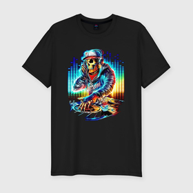 Мужская футболка хлопок Slim с принтом Cool DJ   skull в Тюмени, 92% хлопок, 8% лайкра | приталенный силуэт, круглый вырез ворота, длина до линии бедра, короткий рукав | Тематика изображения на принте: 