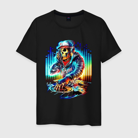 Мужская футболка хлопок с принтом Cool DJ   skull в Тюмени, 100% хлопок | прямой крой, круглый вырез горловины, длина до линии бедер, слегка спущенное плечо. | Тематика изображения на принте: 