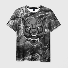 Мужская футболка 3D с принтом Злой серый волк , 100% полиэфир | прямой крой, круглый вырез горловины, длина до линии бедер | 