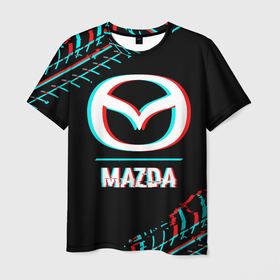 Мужская футболка 3D с принтом Значок Mazda в стиле glitch на темном фоне в городе Новоалтайск, 100% полиэфир | прямой крой, круглый вырез горловины, длина до линии бедер | Тематика изображения на принте: 